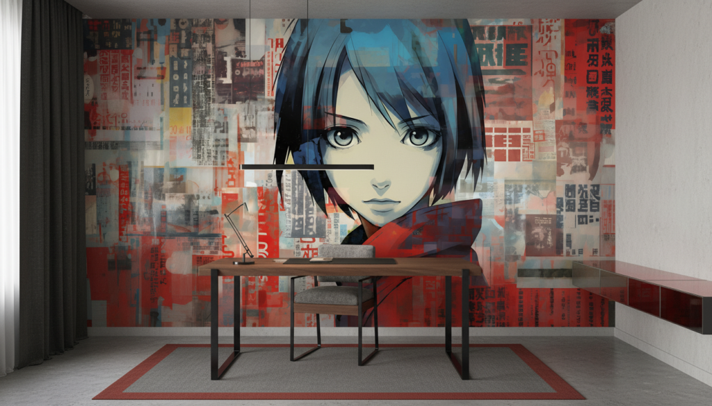 Papier Peint Manga Urbain Style Collage Rouge et Bleu - Bureau