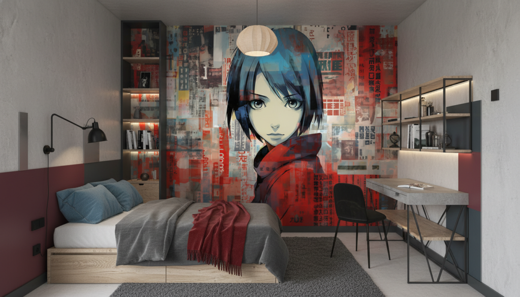 Papier Peint Manga Urbain Style Collage Rouge et Bleu - Chambre ado
