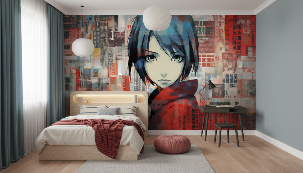 Papier Peint Manga Urbain Style Collage Rouge et Bleu - Chambre enfant
