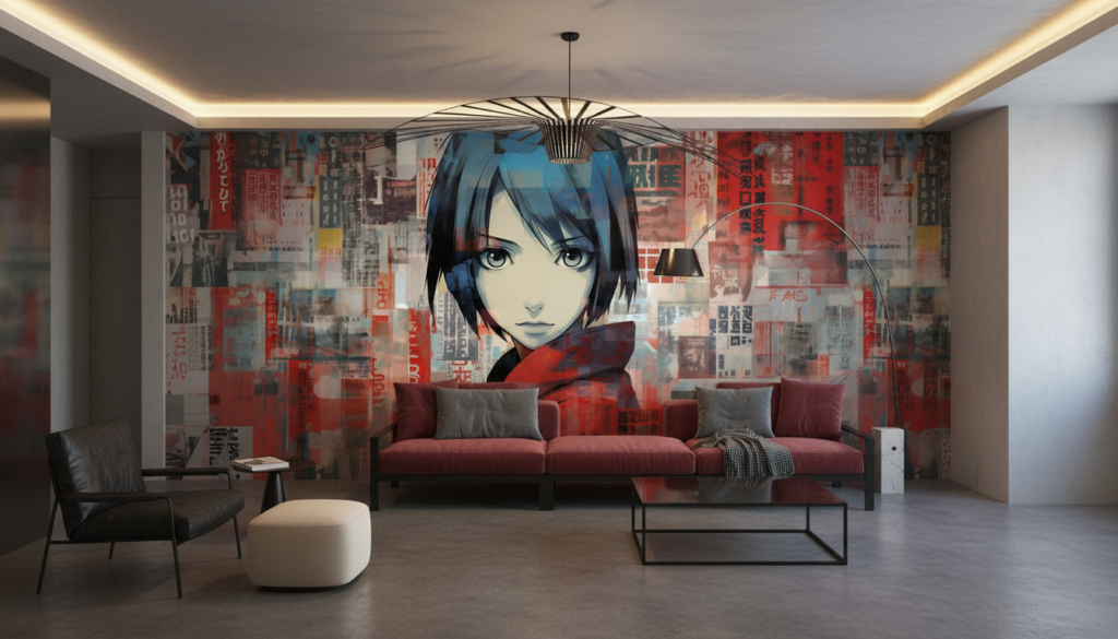 Papier Peint Manga Urbain Style Collage Rouge et Bleu - Salon / Séjour