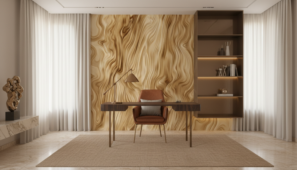 Papier peint marbre doré aux ondulations fluides et luxueuses - Bureau