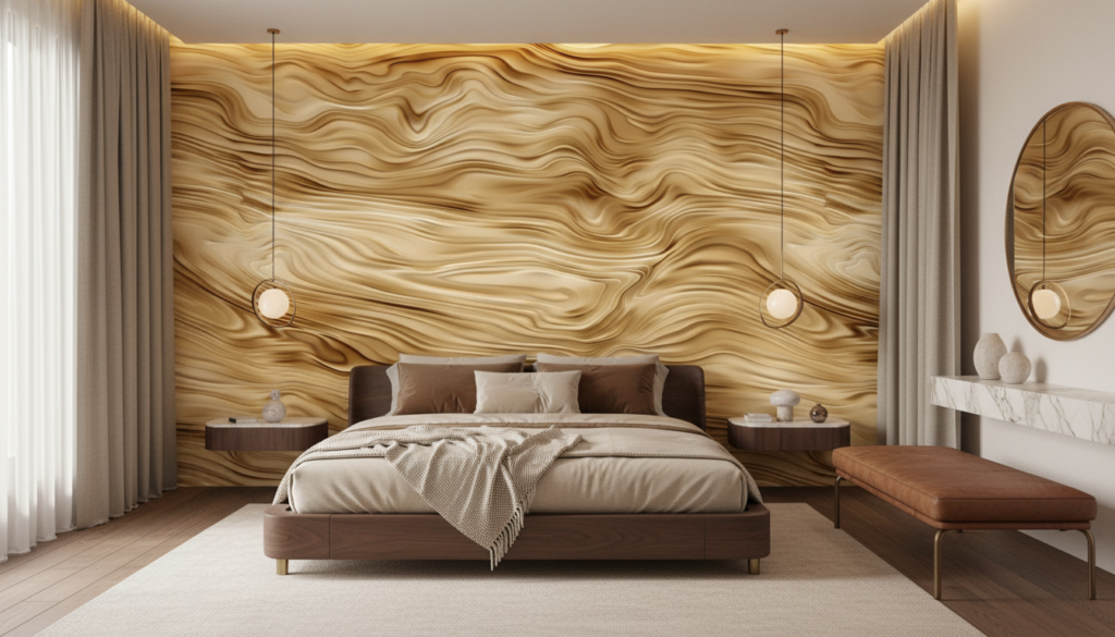 Papier peint marbre doré aux ondulations fluides et luxueuses - Chambre adulte