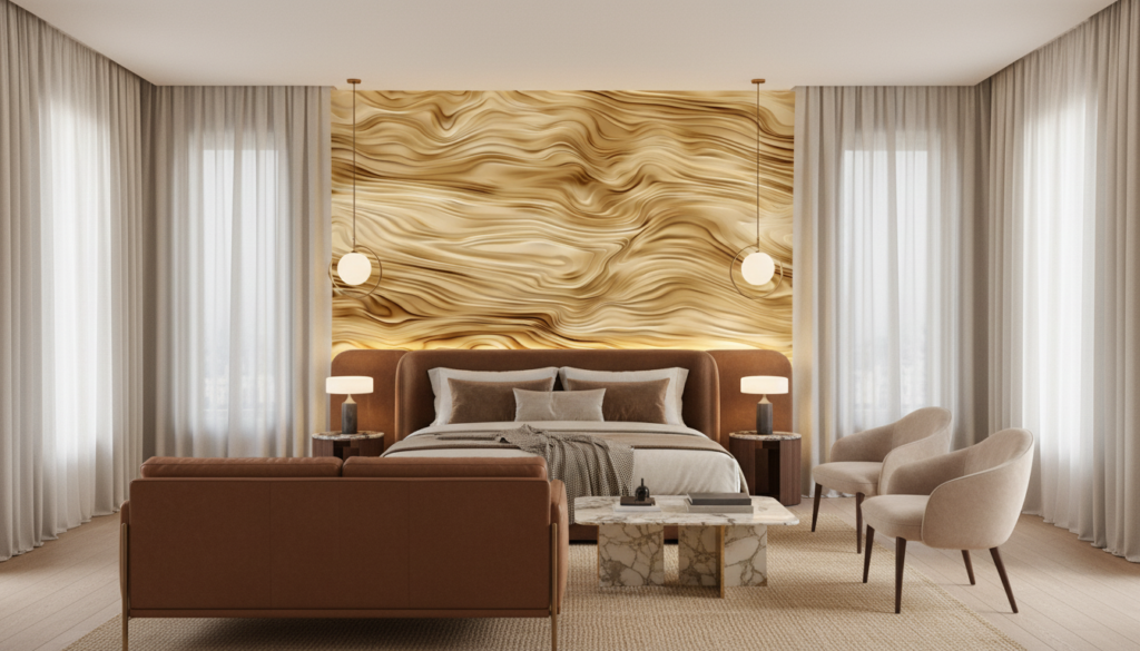 Papier peint marbre doré aux ondulations fluides et luxueuses - Hôtel