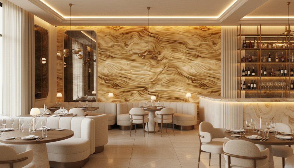 Papier peint marbre doré aux ondulations fluides et luxueuses - Restaurant