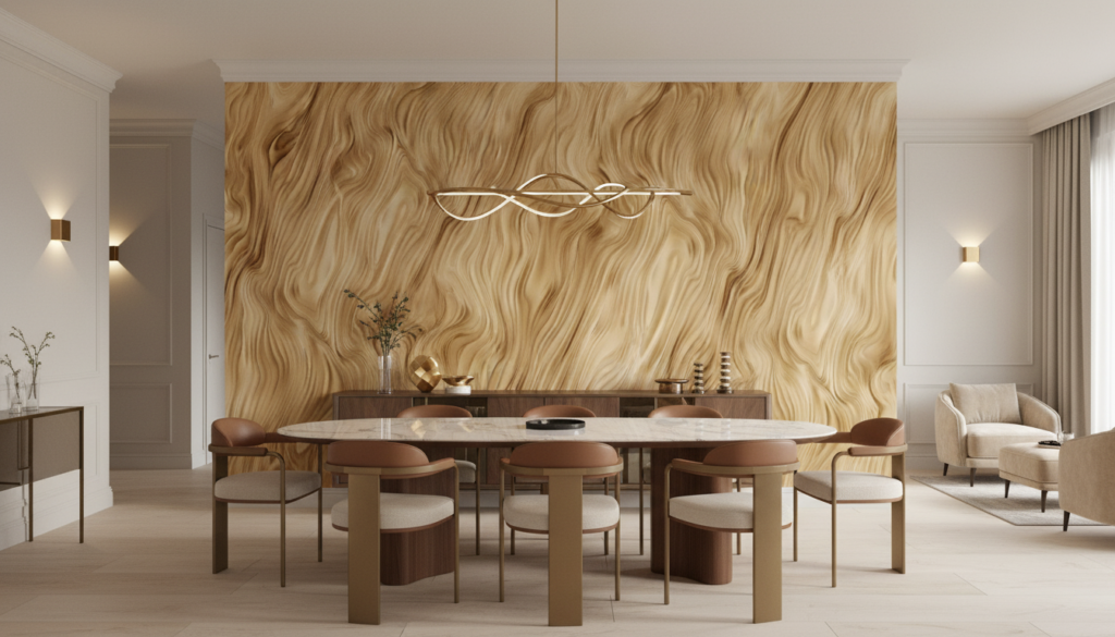 Papier peint marbre doré aux ondulations fluides et luxueuses - Salle à manger