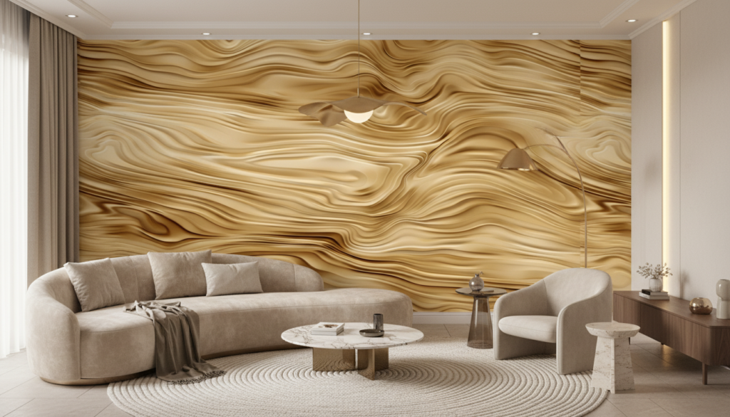 Papier peint marbre doré aux ondulations fluides et luxueuses - Salon / Séjour