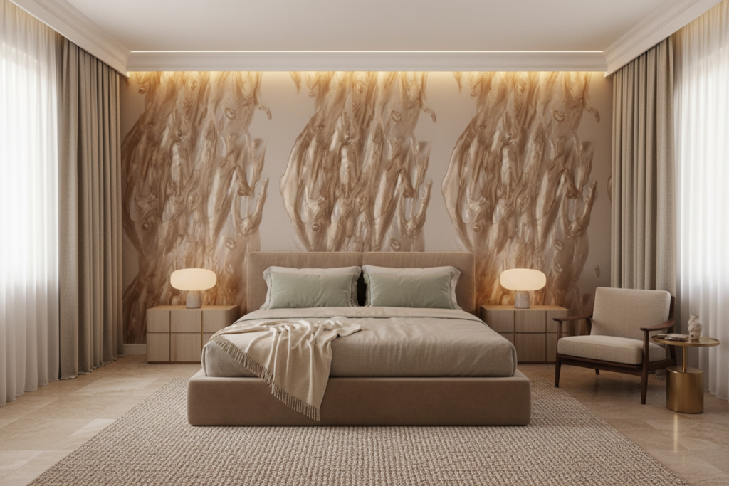 Papier Peint Marbre Fluide Beige Doré Effet Luxueux - Chambre adulte