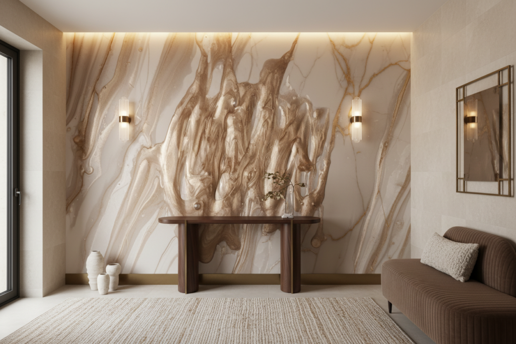 Papier Peint Marbre Fluide Beige Doré Effet Luxueux - Couloir