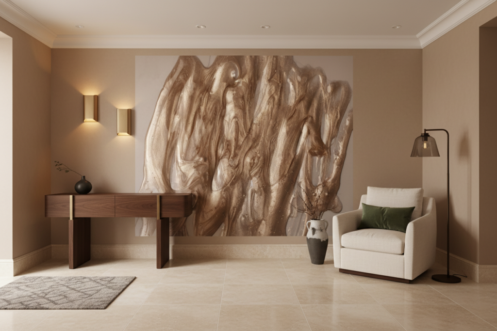 Papier Peint Marbre Fluide Beige Doré Effet Luxueux - Entrée