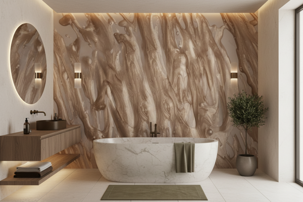 Papier Peint Marbre Fluide Beige Doré Effet Luxueux - Salle de bain