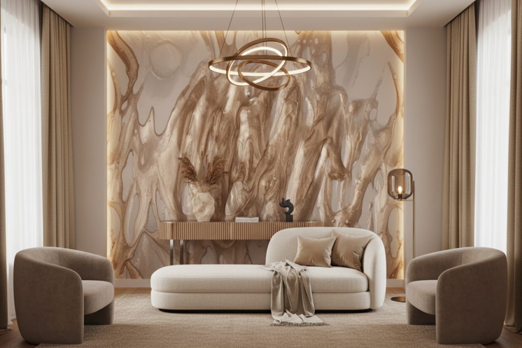 Papier Peint Marbre Fluide Beige Doré Effet Luxueux - Salon / Séjour