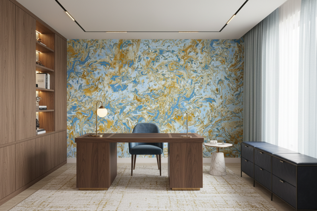 Papier Peint Marbre Fluide Bleu Doré Effet Liquide Luxueux - Bureau