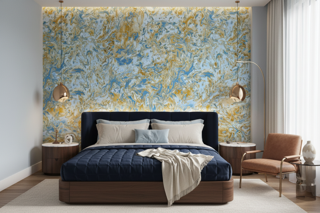 Papier Peint Marbre Fluide Bleu Doré Effet Liquide Luxueux - Chambre adulte