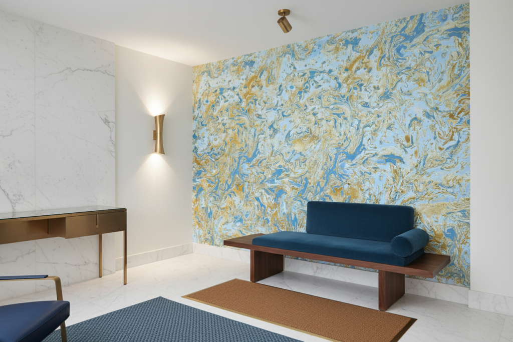 Papier Peint Marbre Fluide Bleu Doré Effet Liquide Luxueux - Entrée