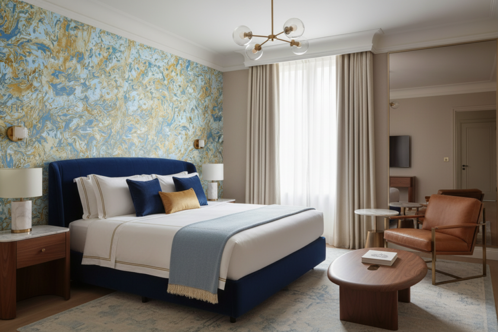 Papier Peint Marbre Fluide Bleu Doré Effet Liquide Luxueux - Hôtel