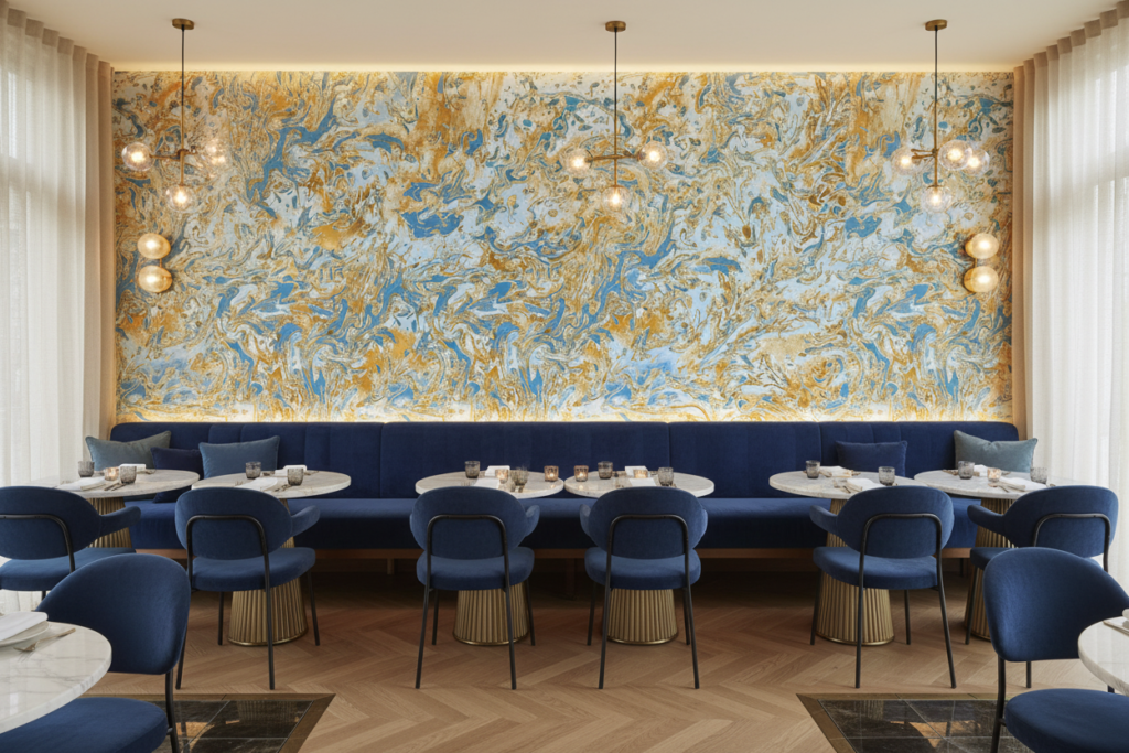 Papier Peint Marbre Fluide Bleu Doré Effet Liquide Luxueux - Restaurant