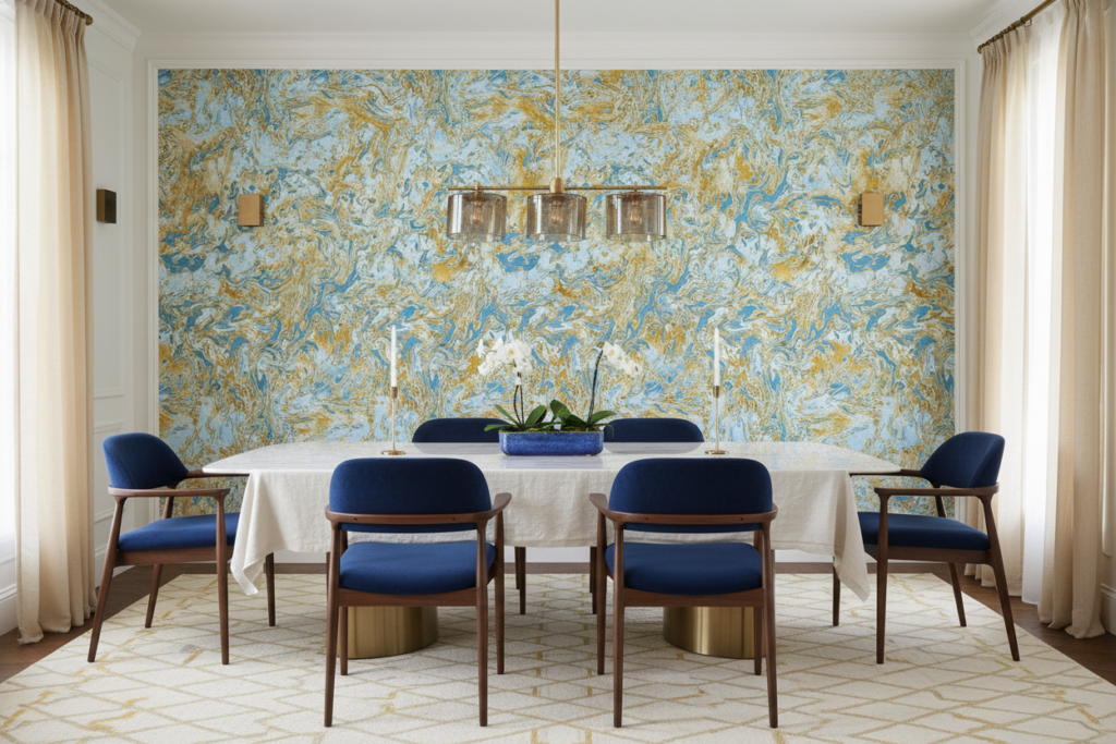 Papier Peint Marbre Fluide Bleu Doré Effet Liquide Luxueux - Salle à manger