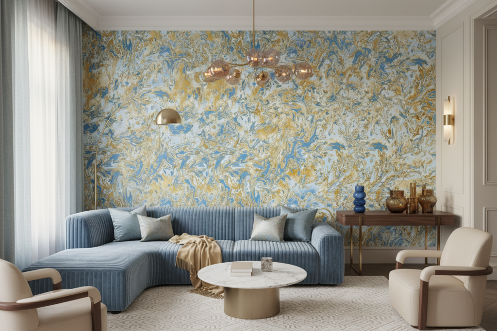 Papier Peint Marbre Fluide Bleu Doré Effet Liquide Luxueux - Salon / Séjour