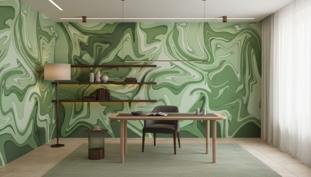 Papier Peint Marbre Liquide Vert Nuances Organiques Fluides - Bureau