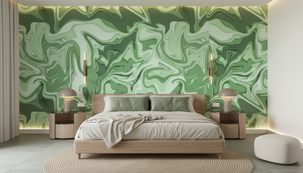 Papier Peint Marbre Liquide Vert Nuances Organiques Fluides - Chambre adulte
