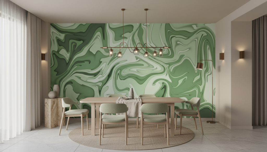 Papier Peint Marbre Liquide Vert Nuances Organiques Fluides - Salle à manger