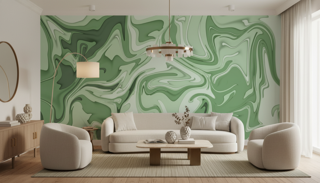 Papier Peint Marbre Liquide Vert Nuances Organiques Fluides - Salon / Séjour