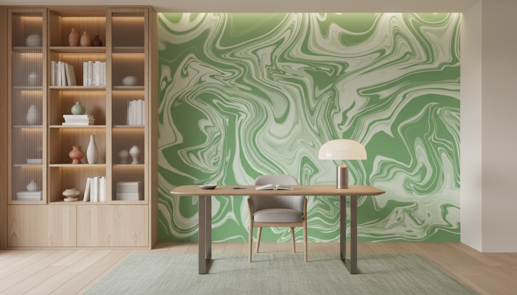 Papier Peint Marbrure Verte Fluide Style Contemporain Artistique - Bureau