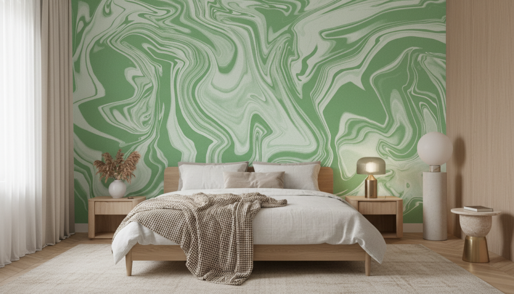 Papier Peint Marbrure Verte Fluide Style Contemporain Artistique - Chambre adulte