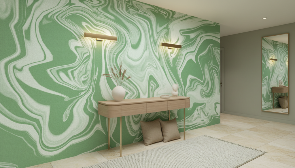 Papier Peint Marbrure Verte Fluide Style Contemporain Artistique - Couloir