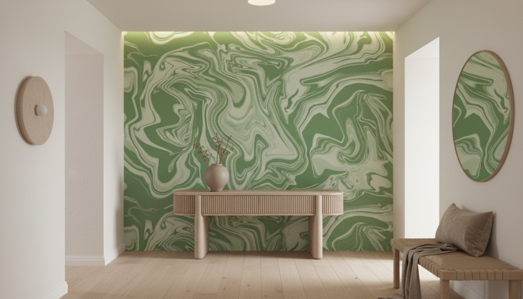 Papier Peint Marbrure Verte Fluide Style Contemporain Artistique - Entrée