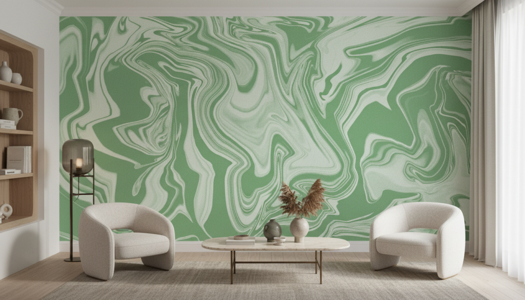 Papier Peint Marbrure Verte Fluide Style Contemporain Artistique - Salon / Séjour