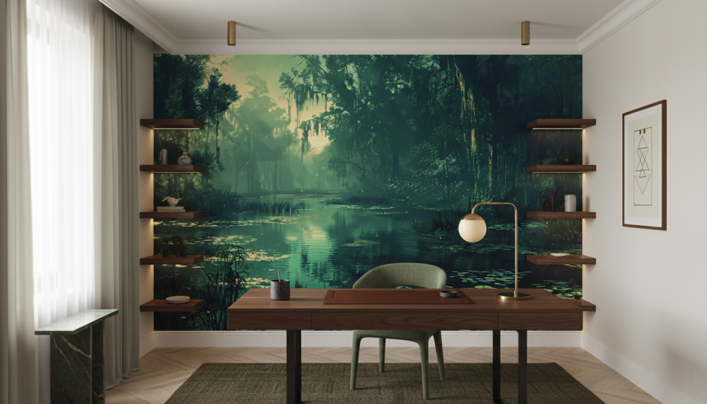 Papier Peint Marécage Mystérieux aux Reflets Émeraude et Lumière Dorée - Bureau