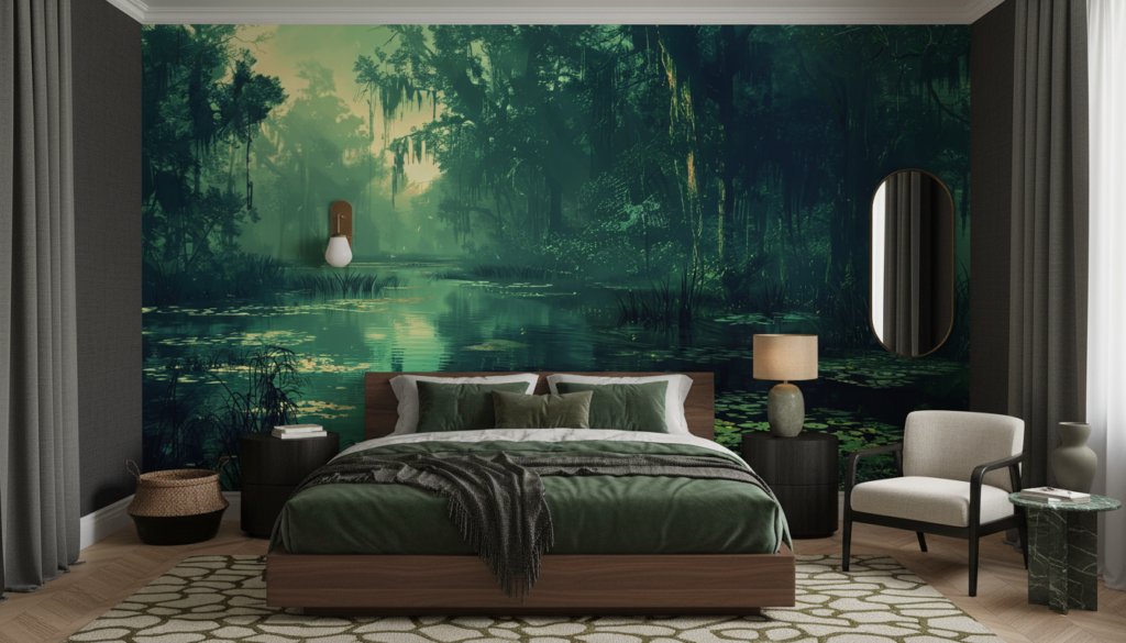 Papier Peint Marécage Mystérieux aux Reflets Émeraude et Lumière Dorée - Chambre adulte