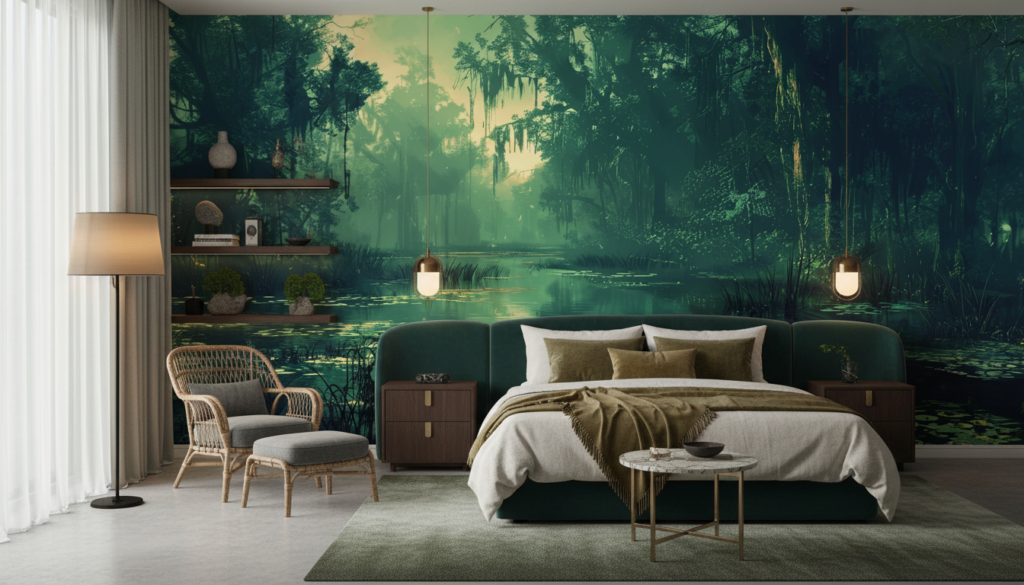 Papier Peint Marécage Mystérieux aux Reflets Émeraude et Lumière Dorée - Hôtel