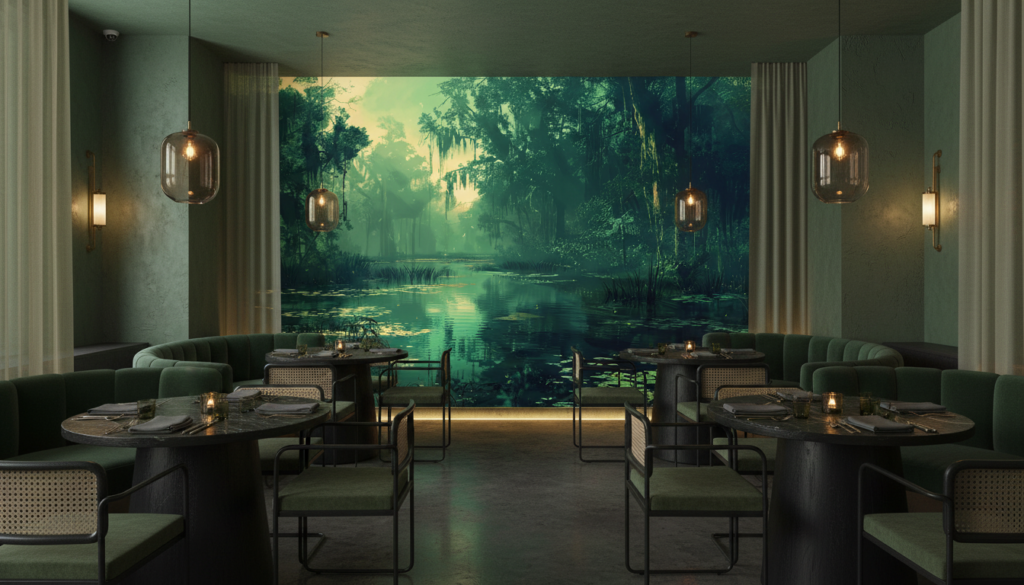 Papier Peint Marécage Mystérieux aux Reflets Émeraude et Lumière Dorée - Restaurant