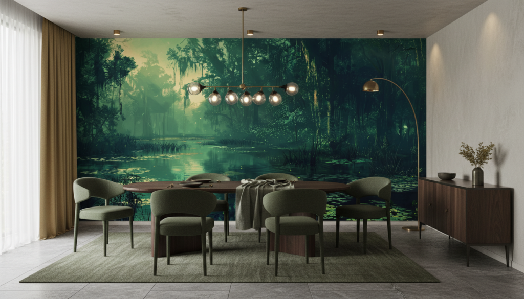 Papier Peint Marécage Mystérieux aux Reflets Émeraude et Lumière Dorée - Salle à manger