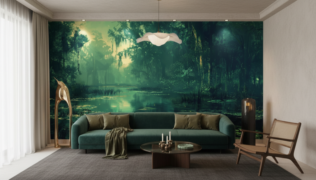 Papier Peint Marécage Mystérieux aux Reflets Émeraude et Lumière Dorée - Salon / Séjour