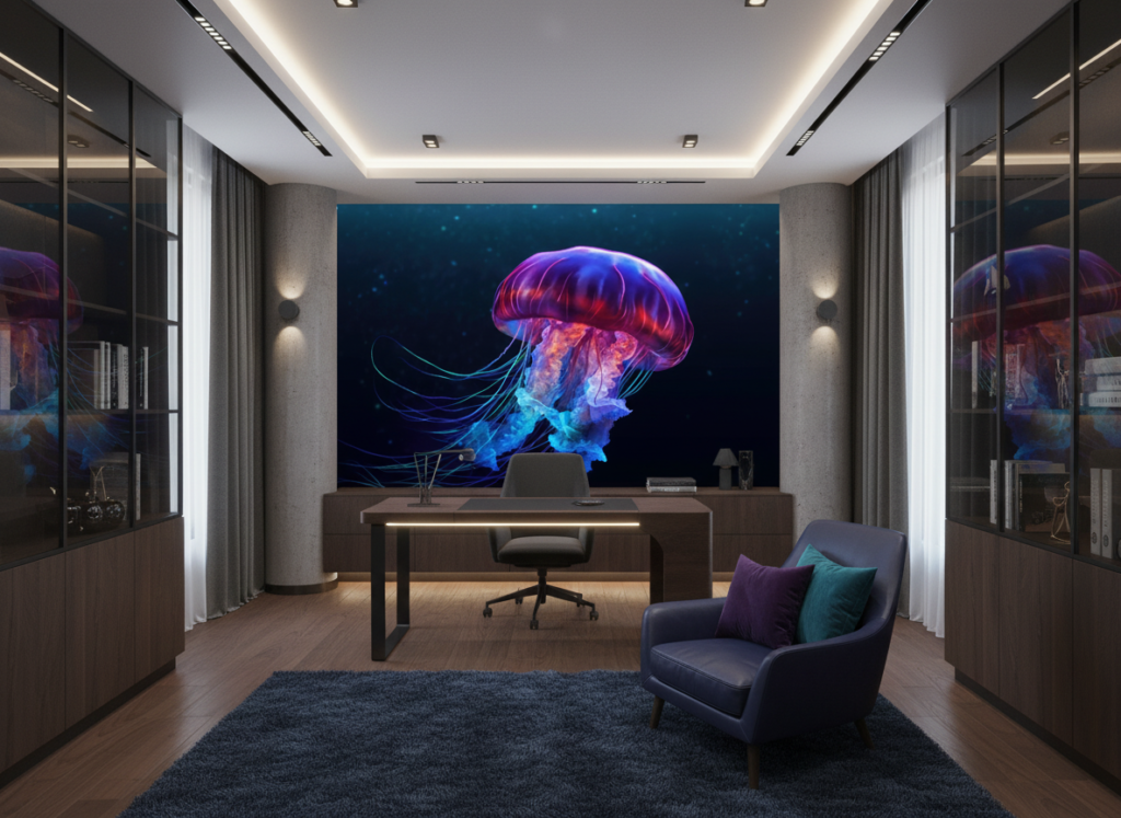 Papier Peint Méduse Cosmique Luminescente Bleu Violet Néon Digital - Bureau