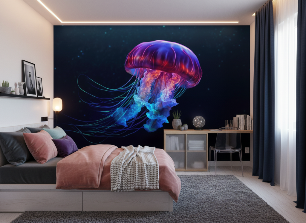 Papier Peint Méduse Cosmique Luminescente Bleu Violet Néon Digital - Chambre ado