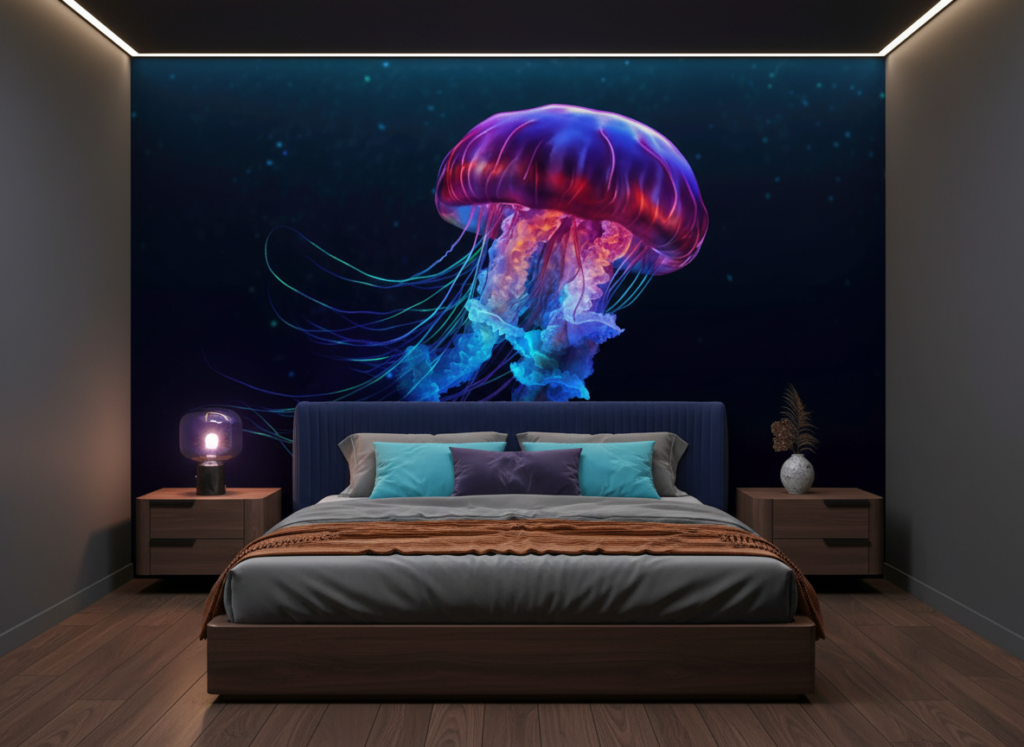 Papier Peint Méduse Cosmique Luminescente Bleu Violet Néon Digital - Chambre adulte