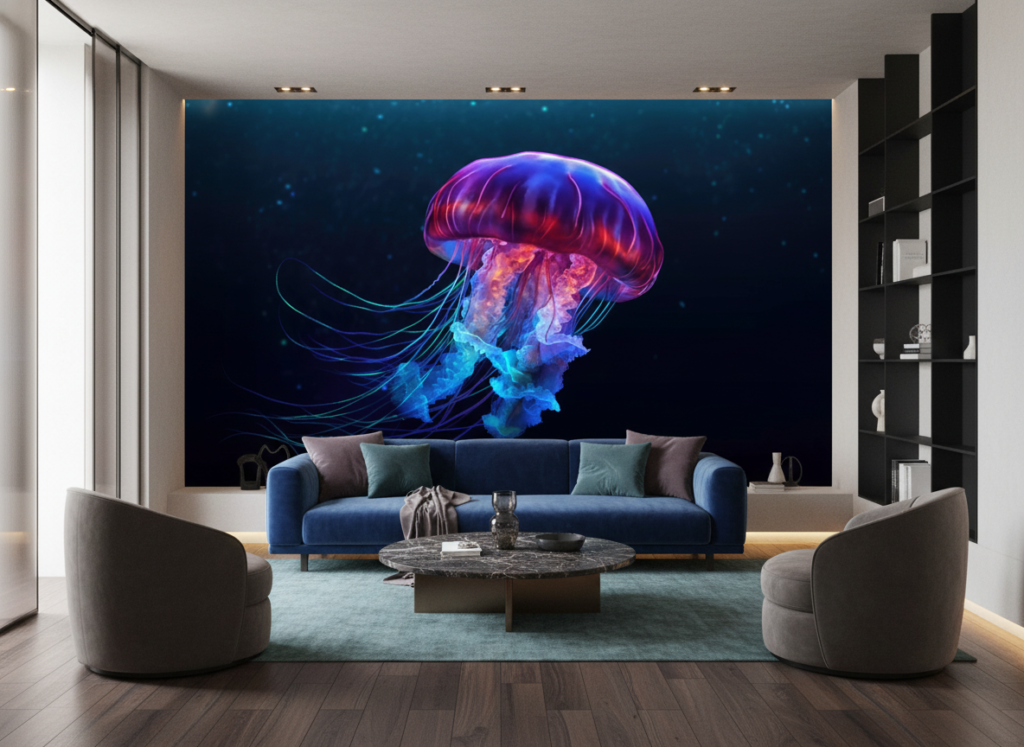 Papier Peint Méduse Cosmique Luminescente Bleu Violet Néon Digital - Salon / Séjour