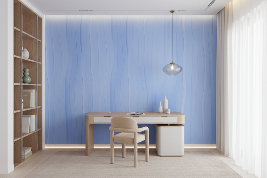Papier Peint Moderne Rayures Verticales Ondulées Bleu Ciel - Bureau