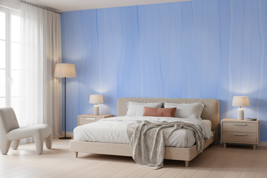 Papier Peint Moderne Rayures Verticales Ondulées Bleu Ciel - Chambre adulte