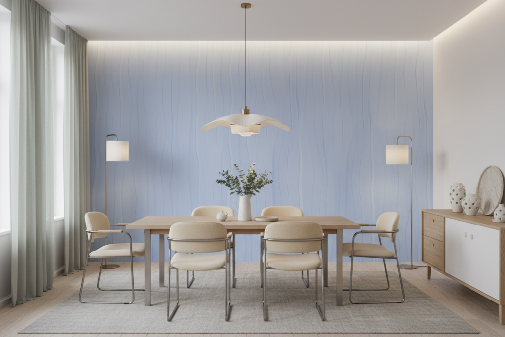 Papier Peint Moderne Rayures Verticales Ondulées Bleu Ciel - Salle à manger