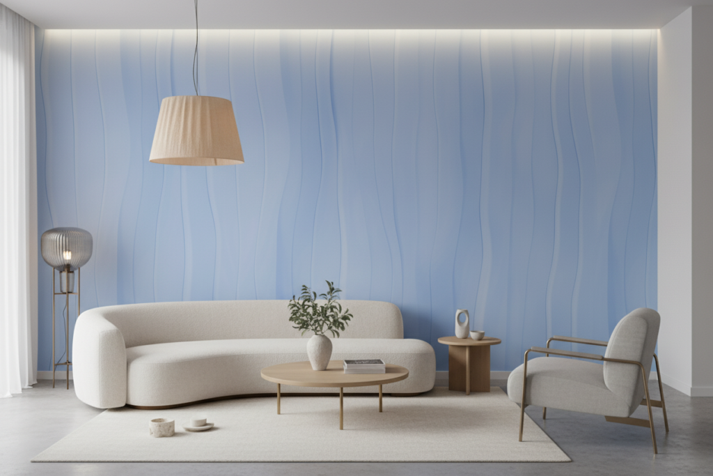 Papier Peint Moderne Rayures Verticales Ondulées Bleu Ciel - Salon / Séjour