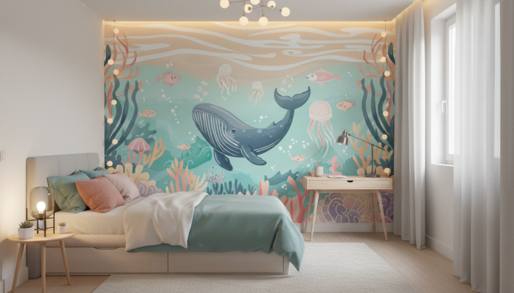 Papier Peint Monde Sous-Marin Pastel avec Baleine et Coraux - Chambre ado