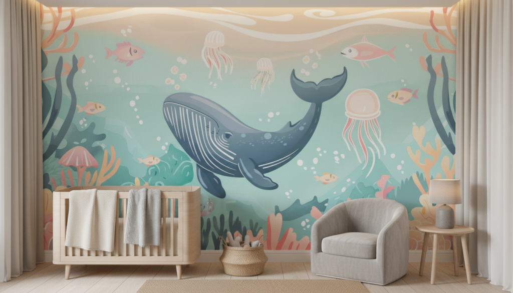 Papier Peint Monde Sous-Marin Pastel avec Baleine et Coraux - Chambre bébé