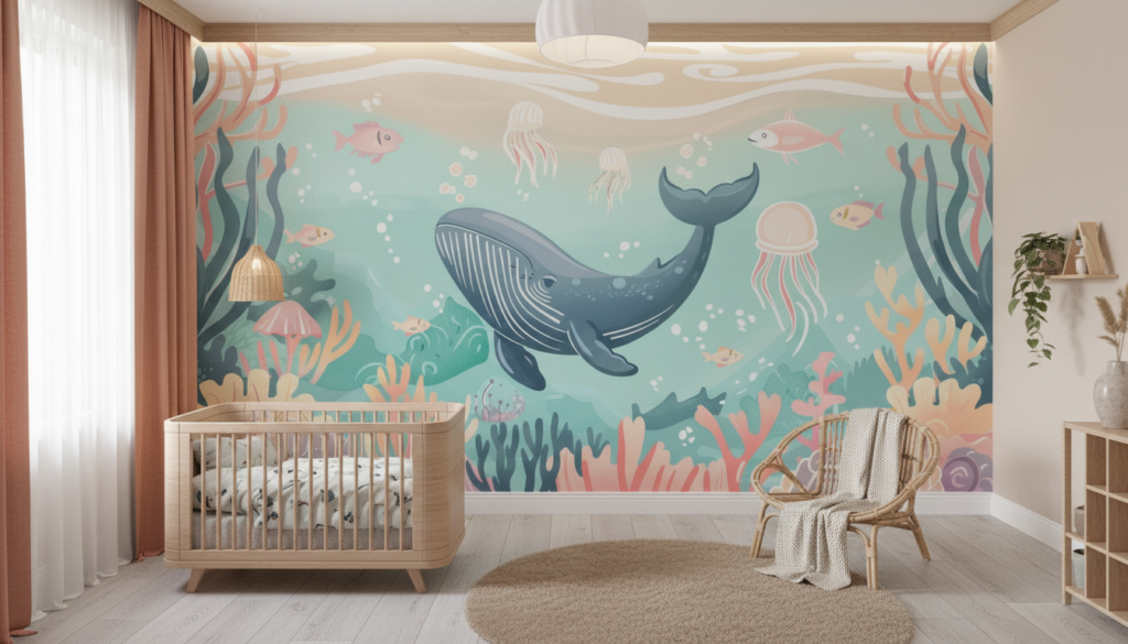 Papier Peint Monde Sous-Marin Pastel avec Baleine et Coraux - Chambre enfant