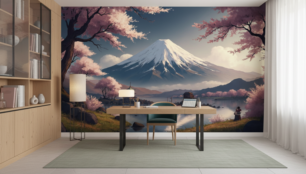 Papier Peint Mont Fuji et Cerisiers en Fleurs Japonais - Bureau