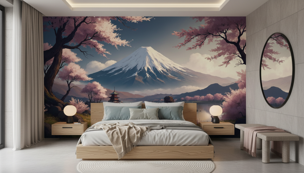 Papier Peint Mont Fuji et Cerisiers en Fleurs Japonais - Chambre adulte
